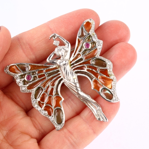 1299 - A modern sterling silver ruby cubic zirconia and plique-a-jour enamel fairy brooch, wingspan 49.2mm,... 