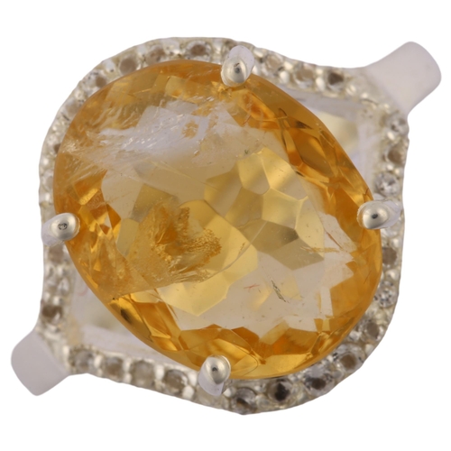 1304 - A modern sterling silver citrine and white topaz cluster ring, set with 7ct oval mixed-cut citrine, ... 