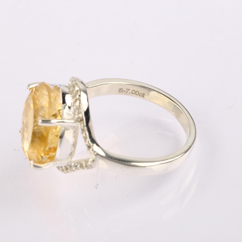 1304 - A modern sterling silver citrine and white topaz cluster ring, set with 7ct oval mixed-cut citrine, ... 