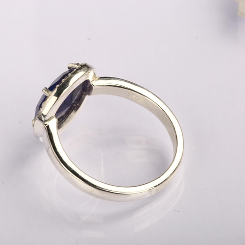 1308 - A modern sterling silver sapphire and white topaz cluster ring, set with 4ct African sapphire, setti... 