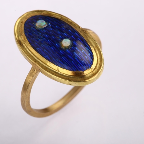 1309 - An Antique blue enamel and opal panel ring, unmarked yellow metal settings, setting height 21.1mm, s... 