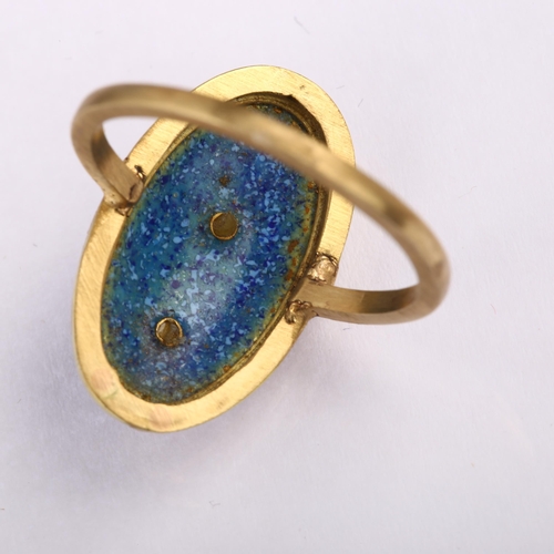 1309 - An Antique blue enamel and opal panel ring, unmarked yellow metal settings, setting height 21.1mm, s... 