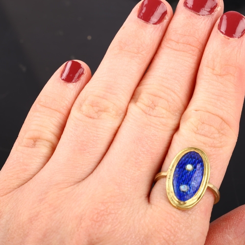 1309 - An Antique blue enamel and opal panel ring, unmarked yellow metal settings, setting height 21.1mm, s... 