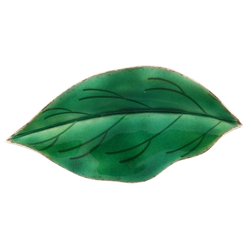 1310 - ANTON MICHELSEN - a Danish modernist sterling silver and green enamel leaf brooch, length 54.6mm, 8.... 