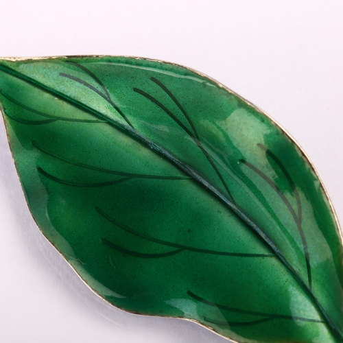 1310 - ANTON MICHELSEN - a Danish modernist sterling silver and green enamel leaf brooch, length 54.6mm, 8.... 