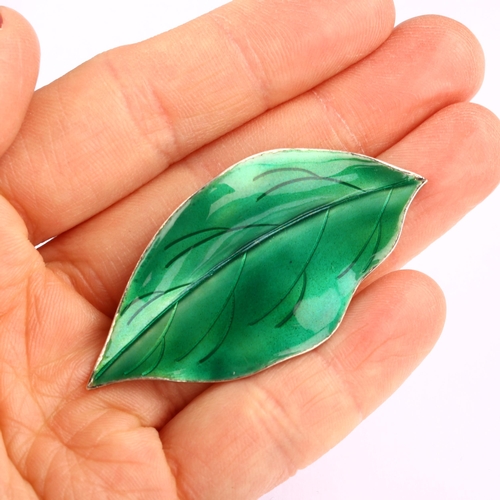 1310 - ANTON MICHELSEN - a Danish modernist sterling silver and green enamel leaf brooch, length 54.6mm, 8.... 