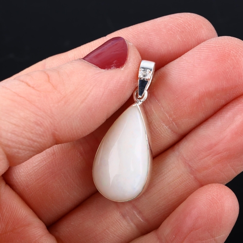 1311 - A modern sterling silver opal and white topaz drop pendant, set with pear cabochon Ethiopian noble o... 