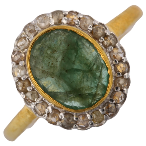 1312 - A modern sterling silver-gilt emerald and diamond cluster ring, set with oval mixed-cut opal and ros... 