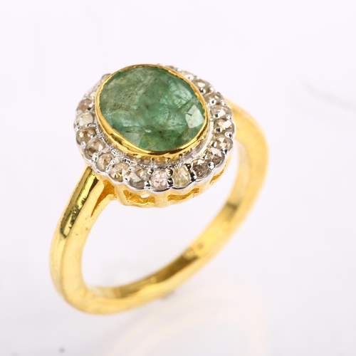 1312 - A modern sterling silver-gilt emerald and diamond cluster ring, set with oval mixed-cut opal and ros... 