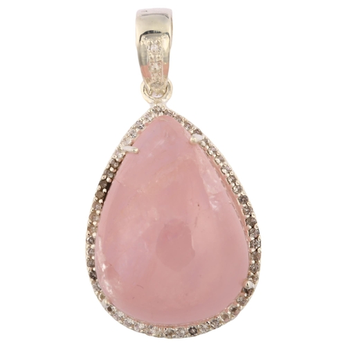 1315 - A modern sterling silver morganite and white topaz cluster drop pendant, set with 30.5ct pear caboch... 