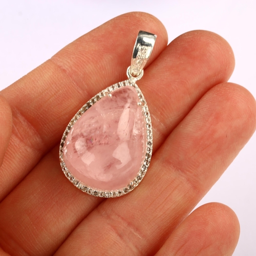 1315 - A modern sterling silver morganite and white topaz cluster drop pendant, set with 30.5ct pear caboch... 