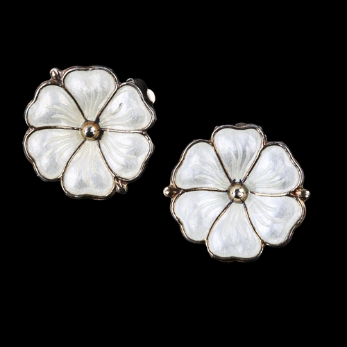 1319 - MEKA - a pair of Danish vermeil sterling silver and white enamel daisy pattern clip-on earrings, dia... 