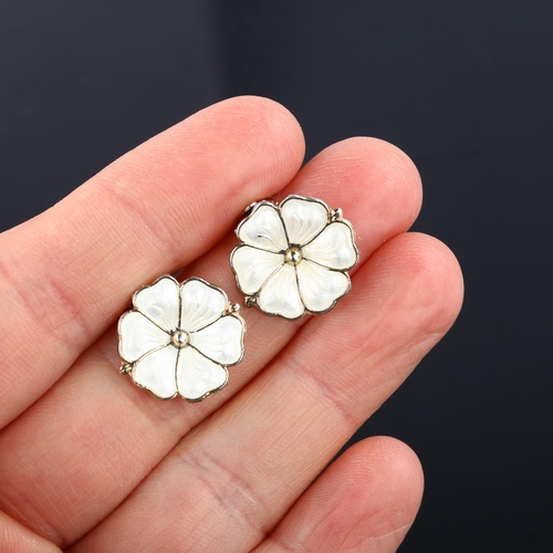 1319 - MEKA - a pair of Danish vermeil sterling silver and white enamel daisy pattern clip-on earrings, dia... 