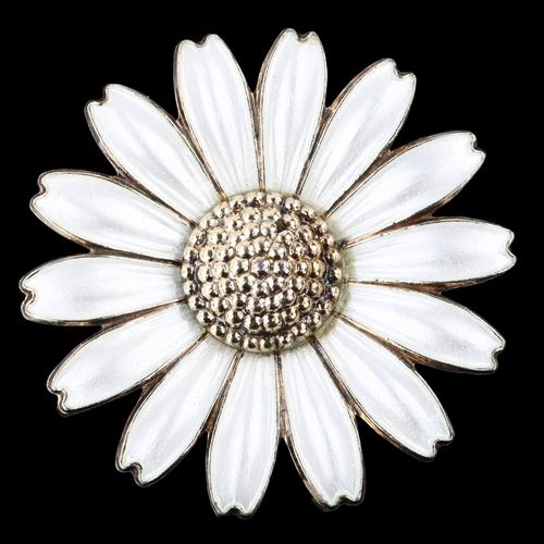 1321 - JEMAX - a Danish vermeil sterling silver and white enamel daisy pattern brooch, diameter 43.6mm, 15.... 