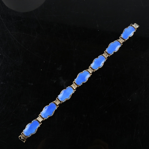 1328 - HANS MYHRE - an Art Deco Norwegian sterling silver and blue enamel panel bracelet, length 18.5cm, 18... 