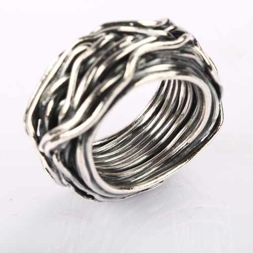 1330 - A Danish abstract bird nest band ring, unmarked white metal settings, 11.8mm, size N/O, 18.9g