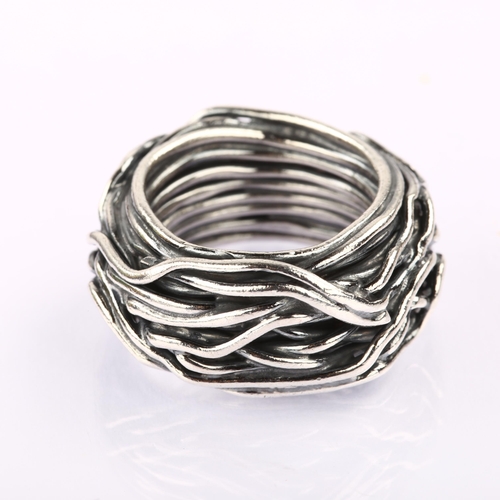 1330 - A Danish abstract bird nest band ring, unmarked white metal settings, 11.8mm, size N/O, 18.9g