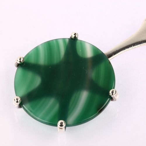 1335 - ERIK DENNUNG - a large Danish modernist silver plated green agate drop pendant, height 76.6mm, 20.3g