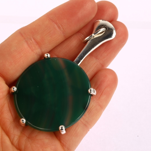 1335 - ERIK DENNUNG - a large Danish modernist silver plated green agate drop pendant, height 76.6mm, 20.3g