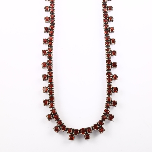 1337 - A modern sterling silver garnet fringe necklace, length 44cm, 68.4g