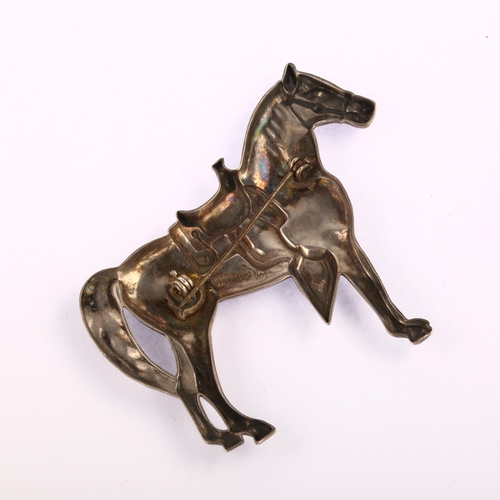 1343 - A large Continental sterling silver cowboy horse brooch, length 67mm, 15.4g