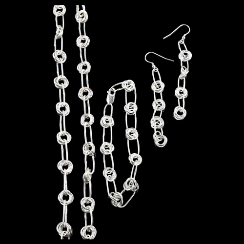 1346 - A modern sterling silver abstract demi-parure, comprising line necklace, bracelet and pair of drop e... 