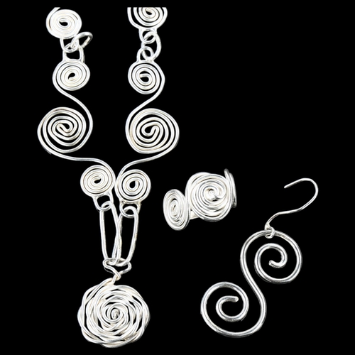 1351 - A modern sterling silver abstract spiral demi-parure, comprising necklace, ring and pair of earrings... 