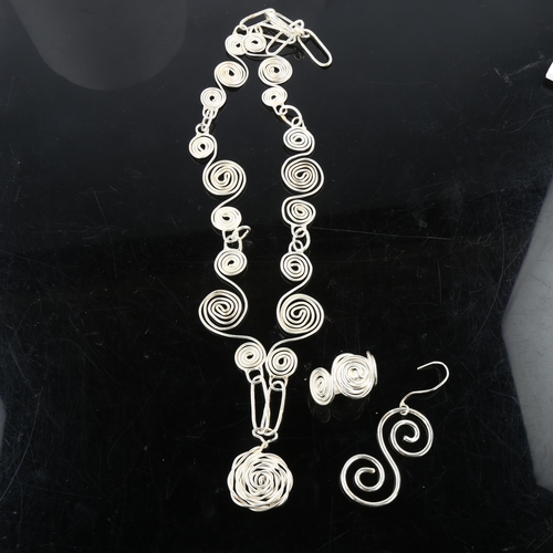 1351 - A modern sterling silver abstract spiral demi-parure, comprising necklace, ring and pair of earrings... 