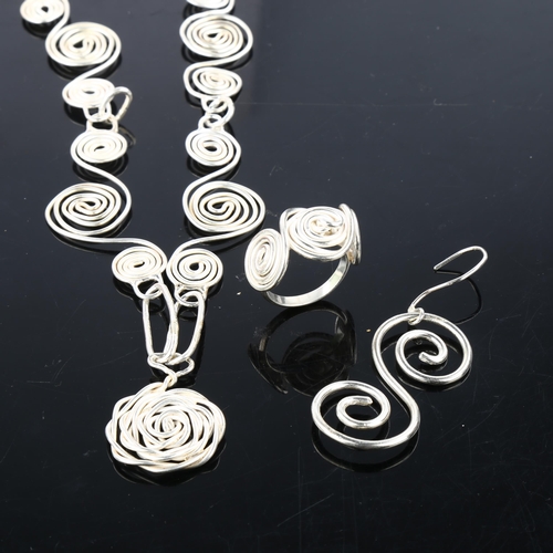 1351 - A modern sterling silver abstract spiral demi-parure, comprising necklace, ring and pair of earrings... 