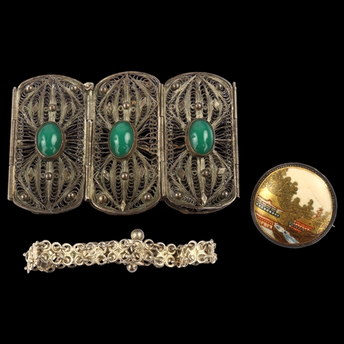 1355 - Various jewellery, including large filigree bracelet, Japanese Satsuma porcelain brooch etc (3)