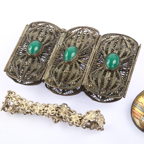 1355 - Various jewellery, including large filigree bracelet, Japanese Satsuma porcelain brooch etc (3)