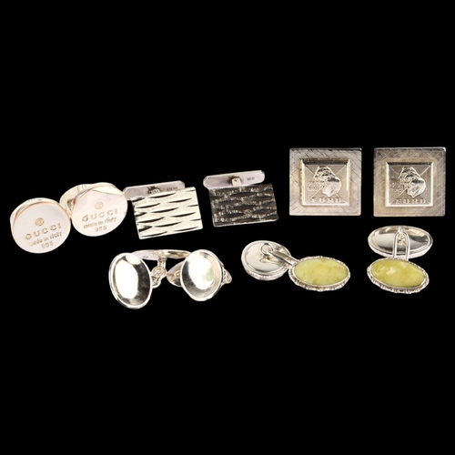 1356 - Various silver cufflinks, including Gucci, diameter 17mm, 58.4g total (5 pairs)