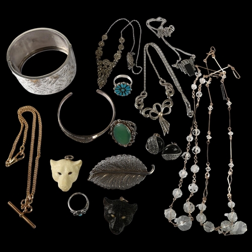 1357 - Various jewellery, including gold plated Albert chain, silver marcasite necklace, filigree leaf broo... 