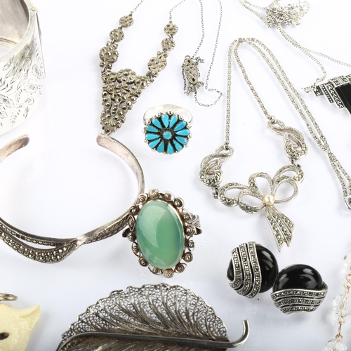 1357 - Various jewellery, including gold plated Albert chain, silver marcasite necklace, filigree leaf broo... 