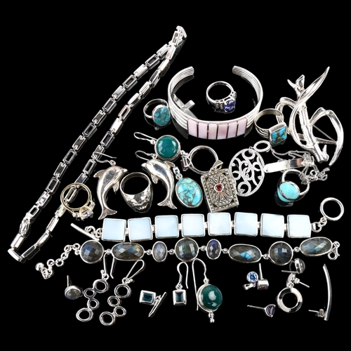 1358 - Various silver jewellery, including labradorite bracelet, dolphin earrings, brooch etc, 258g