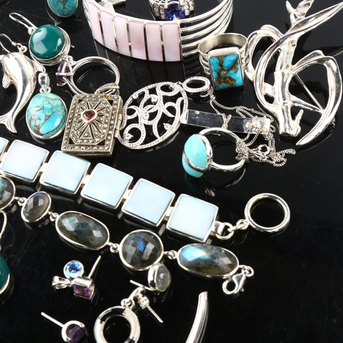 1358 - Various silver jewellery, including labradorite bracelet, dolphin earrings, brooch etc, 258g