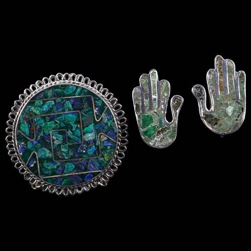 1361 - TAXCO - a Mexican sterling silver mosaic matching pendant/brooch and pair of hand earrings, pendant ... 