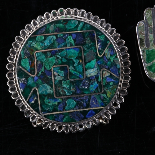 1361 - TAXCO - a Mexican sterling silver mosaic matching pendant/brooch and pair of hand earrings, pendant ... 