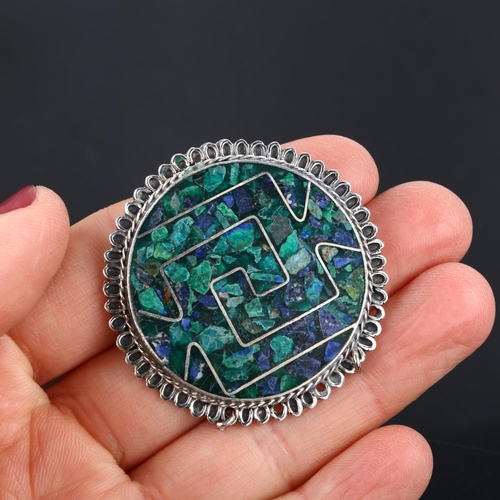 1361 - TAXCO - a Mexican sterling silver mosaic matching pendant/brooch and pair of hand earrings, pendant ... 