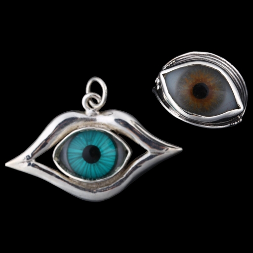 1362 - A modern silver matching eye ring and pendant set, ring size P, pendant height 31.6mm, 15.7g total (... 