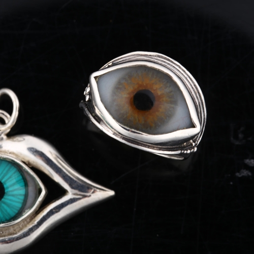 1362 - A modern silver matching eye ring and pendant set, ring size P, pendant height 31.6mm, 15.7g total (... 