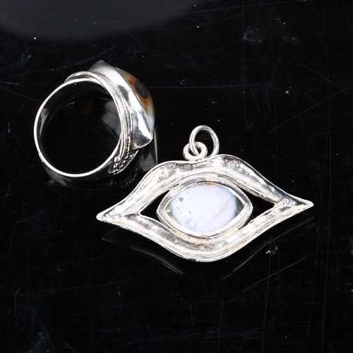 1362 - A modern silver matching eye ring and pendant set, ring size P, pendant height 31.6mm, 15.7g total (... 