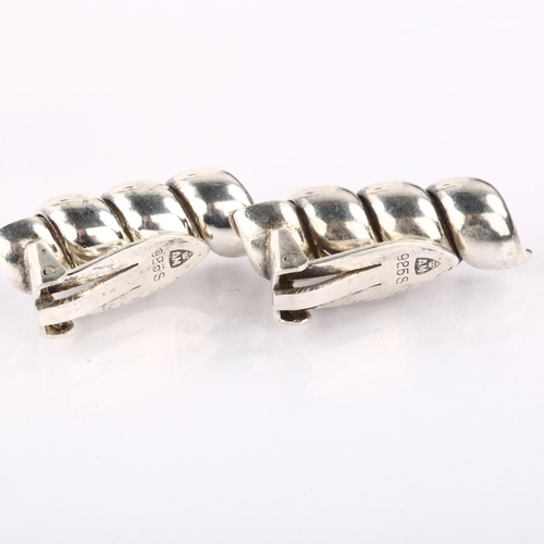 1371 - ANTON MICHELSEN - a pair of Danish modernist sterling silver spiral tube clip-on earrings, height 25... 