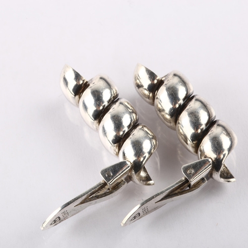 1371 - ANTON MICHELSEN - a pair of Danish modernist sterling silver spiral tube clip-on earrings, height 25... 