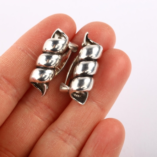 1371 - ANTON MICHELSEN - a pair of Danish modernist sterling silver spiral tube clip-on earrings, height 25... 