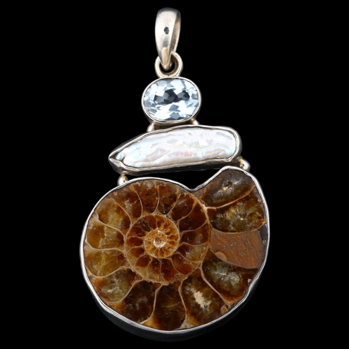 1382 - A modern sterling silver ammonite fossil pearl and topaz drop pendant, height 53.6mm, 15.4g