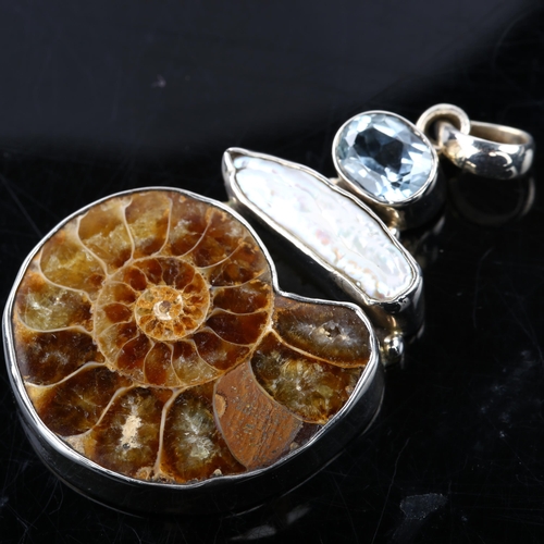 1382 - A modern sterling silver ammonite fossil pearl and topaz drop pendant, height 53.6mm, 15.4g