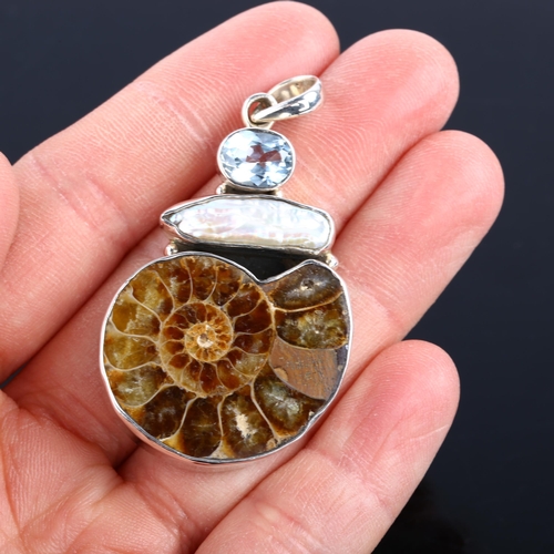 1382 - A modern sterling silver ammonite fossil pearl and topaz drop pendant, height 53.6mm, 15.4g