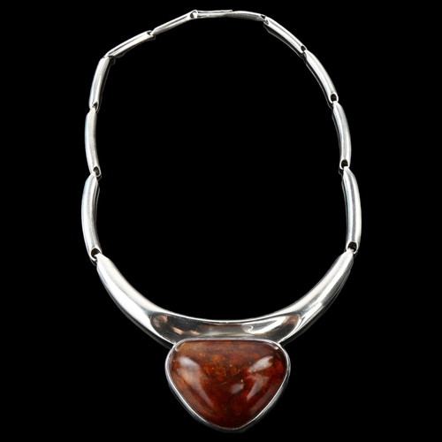 1383 - A large Danish modernist sterling silver and amber necklace, maker's marks JZ, length 42cm, 70g