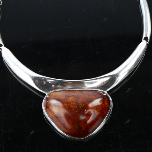 1383 - A large Danish modernist sterling silver and amber necklace, maker's marks JZ, length 42cm, 70g